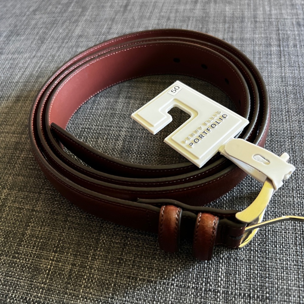 Perry Ellis Portfolio Leather Belt Brown‎ Size 50 Full Grain Cowhide NWT $52.50